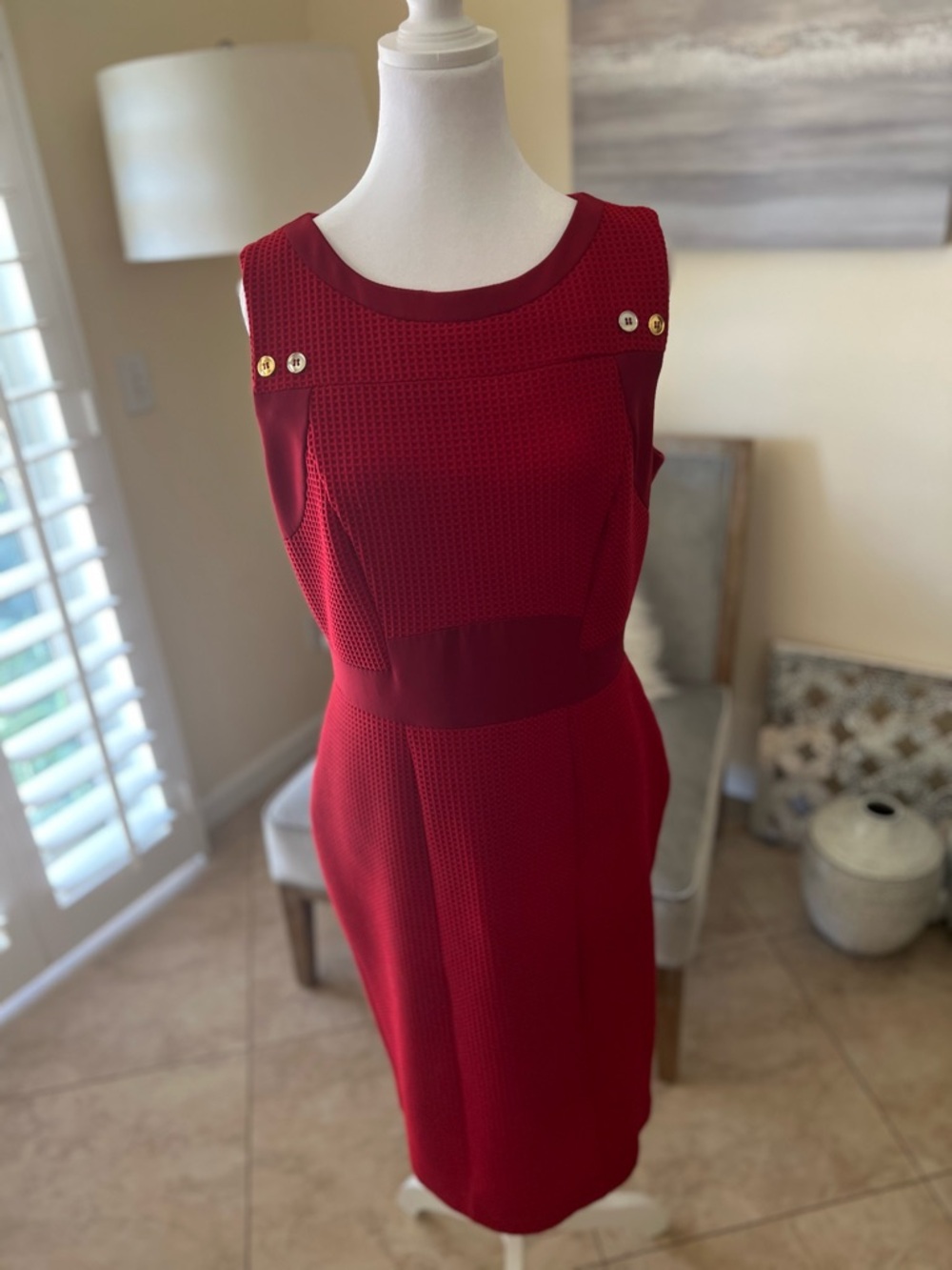 Italian Sleeveless Red Sheath Dress with Gold Button Accents